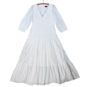 J. Crew‎ Eyelet Maxi Dress Size 14 White Tiered Boho Festival Cottage Prairie